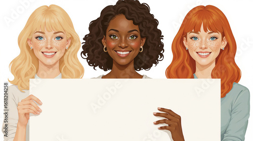 drawn portrait of three women - a fair-skinned blonde with blue eyes, a dark-skinned brunette with curly hair and dark eyes, and a red-haired girl with curly hair, green eyes and freckles smiling and 