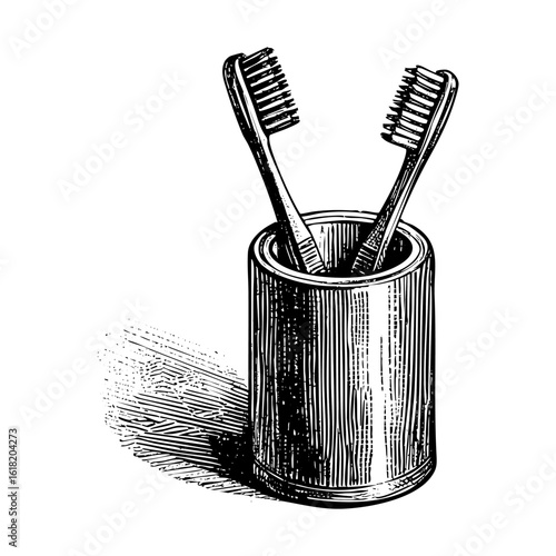 Toothbrush on holder sketch engraving black and white outline. Scratch board imitation.