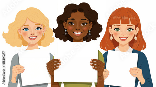 drawn portrait of three women - a fair-skinned blonde with blue eyes, a dark-skinned brunette with curly hair and dark eyes, and a red-haired girl with curly hair, green eyes and freckles smiling and 