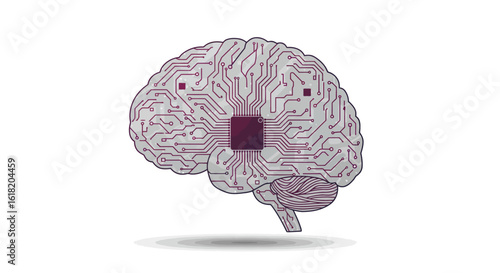 A stylized digital brain with intricate circuitry and a central processor