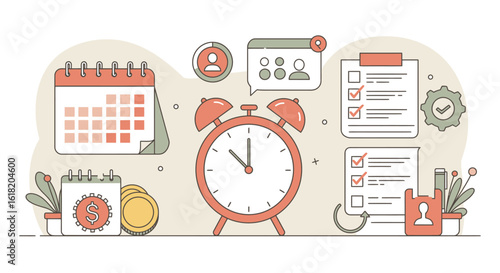 A flat illustration of time management elements