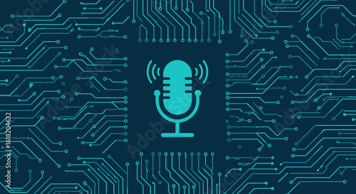 A teal microphone icon with sound waves against a dark blue background with circuit board traces