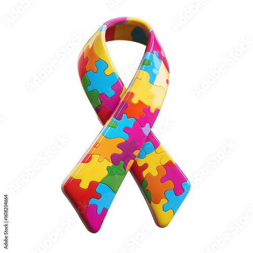 3D rendering of a multi-colored puzzle piece awareness ribbon, symbolizing support for autism spectrum and neurodiversity