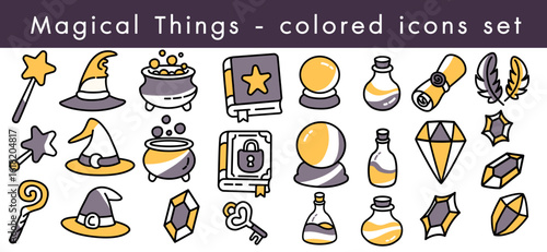 Halloween icons in colorful cartoon style of Magical wand witch hat cauldron spell book crystal ball potion bottle scroll feather key and gem