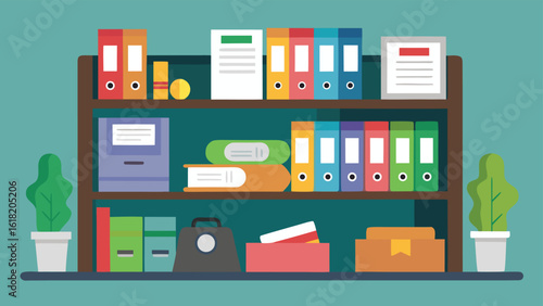 Office bookshelf filled with binders files and plants on a teal background Keywords: office bookshelf supplies binders files folders documents books plants potted plants