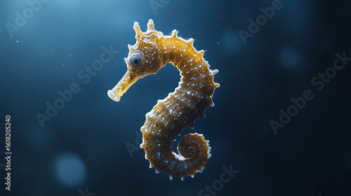 A Yellow Seahorse Swims in Dark Blue Water