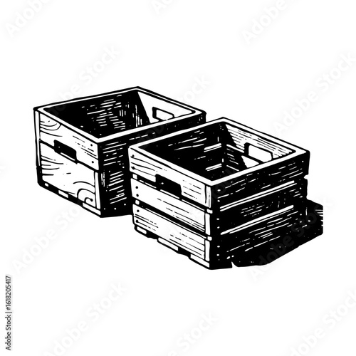 Two wooden crates for vegetable and fruit container Vintage woodcut engraving style vector illustration isolated on white