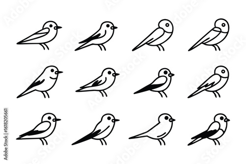 Symbolic Avian Array: A stylized collection of various single birds, rendered in elegant linear simplicity, forms a captivating illustration of avian diversity.