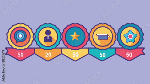 Row of circular badges with icons and numerical values on a purple background awards achievements