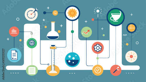 Scientific research and development process with laboratory equipment and icons science