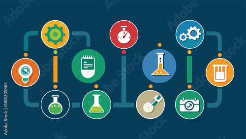 Scientific research process flowchart with laboratory equipment and gears science