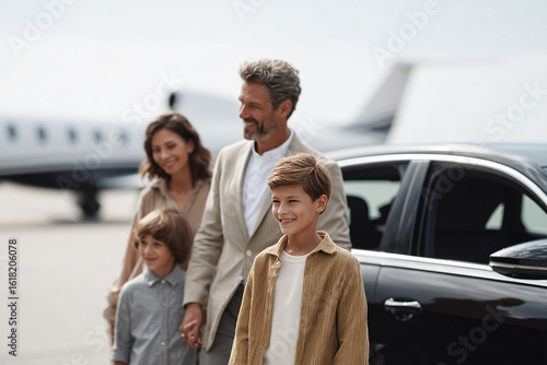 Happy family arriving by private jet, showcasing success, lifestyle. Perfect for travel, finance, or luxury themes. Represents aspirations, dreams and family values.
