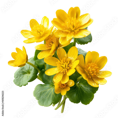 A vibrant bouquet of fresh yellow lesser celandine flowers with lush green leaves isolated on a clean white background