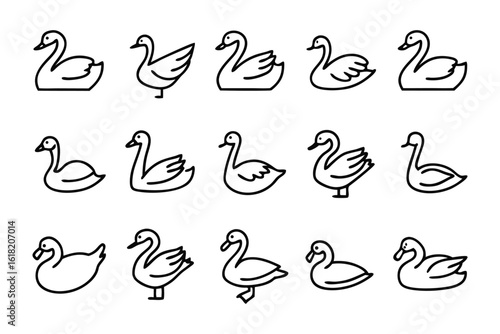 Swan Icon Collection: A series of swan icons, showcasing various poses and styles, presented in clean and modern line art.