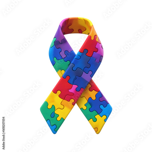 Colorful puzzle piece ribbon symbolizing autism awareness and neurodiversity support, a vibrant symbol of acceptance
