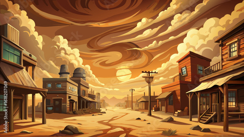 In this dusty old west town faces fierce sandstorm under dramatic sky, blurred edges and warm tones evoke tension. Semi-realistic details show history clashing with nature’s untamed force and beauty.