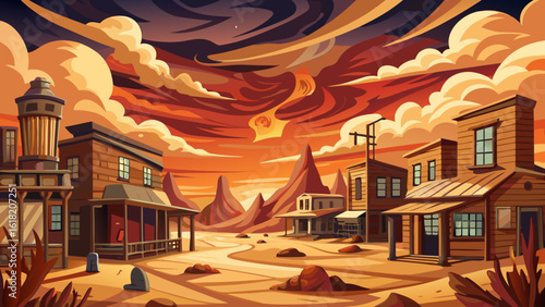 In this dusty old west town faces fierce sandstorm under dramatic sky, blurred edges and warm tones evoke tension. Semi-realistic details show history clashing with nature’s untamed force and beauty.