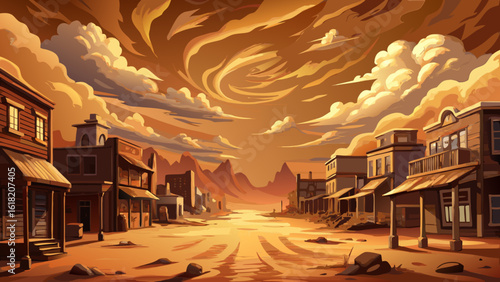 In this dusty old west town faces fierce sandstorm under dramatic sky, blurred edges and warm tones evoke tension. Semi-realistic details show history clashing with nature’s untamed force and beauty.