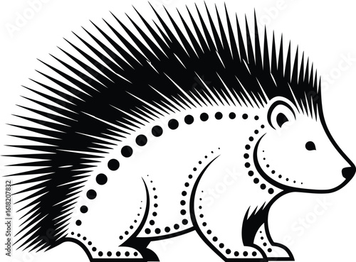 A stylized black and white illustration of a hedgehog or porcupine with sharp quills and decorative dot patterns.