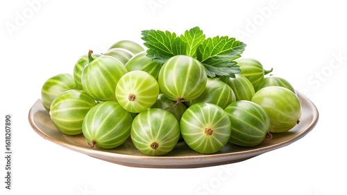 Wallpaper Mural Close up of fresh green gooseberries with leaves on a plate Torontodigital.ca