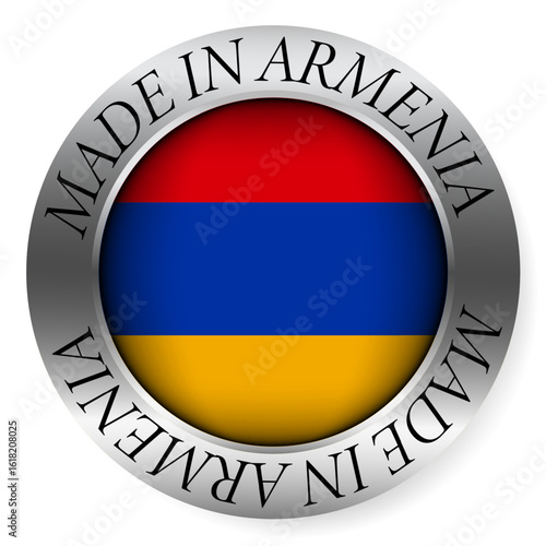 Made in Armenia button icon. Circular emblem with metallic border, glossy central flag, and bilingual label indicating product origin and international manufacturing identity.