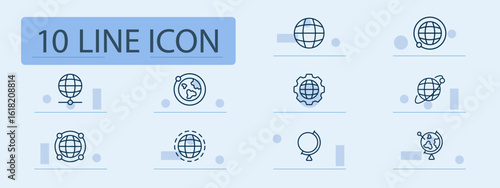 Globe and planet set icon. Earth grid, network, spinning globe, orbit, gear, dotted boundary, flat map used in global, location, planetary, internet, international topics