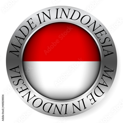 Made in Indonesia button icon. Circular emblem with metallic border, glossy central flag, and bilingual label indicating product origin and international manufacturing identity.