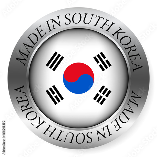 Made in South Korea button icon. Circular emblem with metallic border, glossy central flag, and bilingual label indicating product origin and international manufacturing identity.
