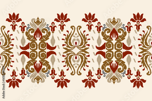 Ethnic ikat seamless pattern in tribal. Aztec geometric ethnic ornament print. Ikat pattern style. Design for background, wallpaper, illustration, fabric, clothing, carpet, textile, batik, embroidery.