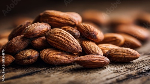 A close-up shot of raw almonds scattered on a wooden surface, highlighting their natural textures and rich brown color with soft lighting