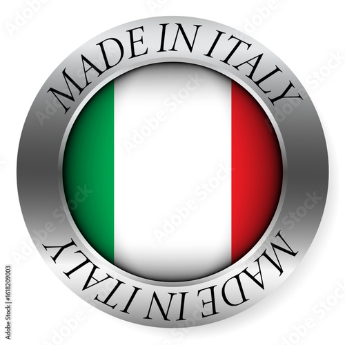 Made in Italy button icon. Circular emblem with metallic border, glossy central flag, and bilingual label indicating product origin and international manufacturing identity.