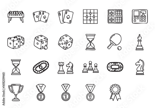 Collection of Doodle Style Games and Sports Equipment Icons Isolated on White Background Set for Recreation Fun and Leisure Activities