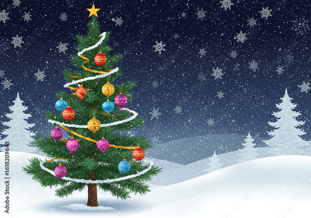 Obraz premium A christmas tree decorated with ornaments and a star in a snowy landscape with snowflakes falling