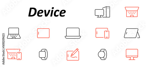 Device set icon. Laptops, tablets, smartwatches, desktop monitors, drawing pads, smartphones, and styluses in minimalist outline style with black and red dual-color scheme