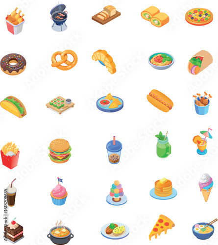 Isometric Fast Food & Snacks Icon Set