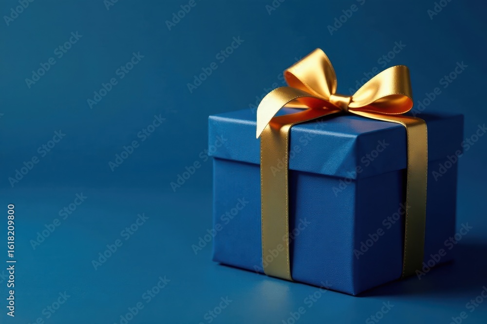 Obraz premium Elegant blue gift box with golden bow, dark blue background, elegant, fathers day