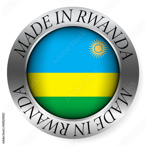 Made in Rwanda button icon. Circular emblem with metallic border, glossy central flag, and bilingual label indicating product origin and international manufacturing identity.