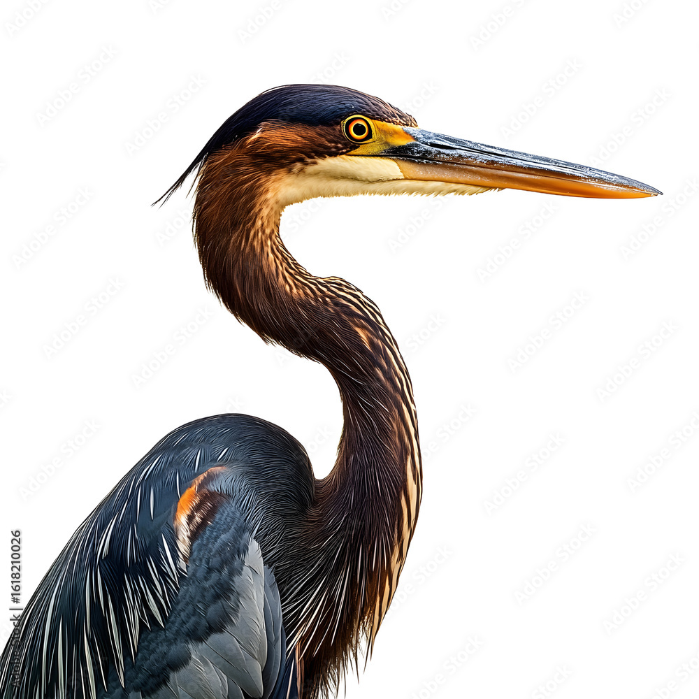 Fototapeta premium Close-up of Magnificent Purple Heron Isolated on White Background