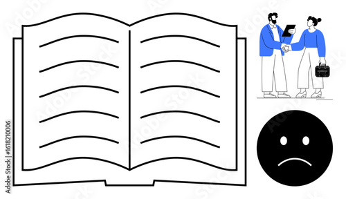Open book symbolizes learning, businesspeople shaking hands signify collaboration, sad face represents disappointment. Ideal for education, professional growth, emotions, business deals, contrasts