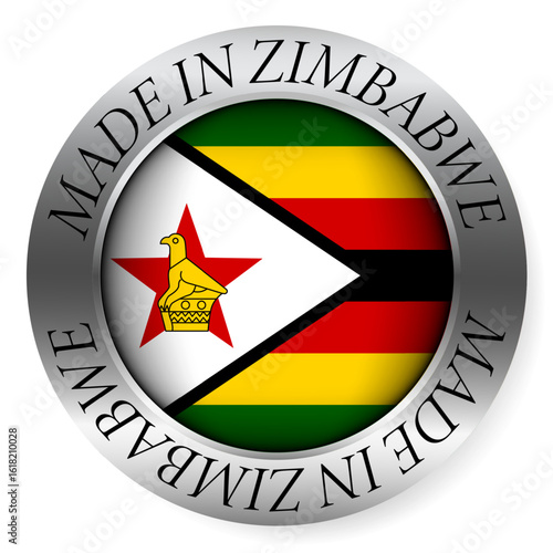 Made in Zimbabwe button icon. Circular emblem with metallic border, glossy central flag, and bilingual label indicating product origin and international manufacturing identity.
