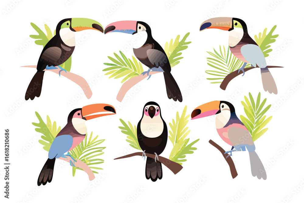 Naklejka premium Tropical Toucans Display: A vibrant collection of toucans, showcasing their distinctive multicolored beaks and plumage, perched on branches amidst lush tropical foliage.