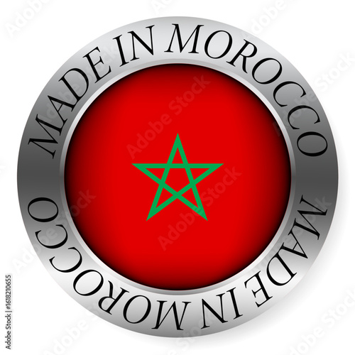 Made in Morocco button icon. Circular emblem with metallic border, glossy central flag, and bilingual label indicating product origin and international manufacturing identity.