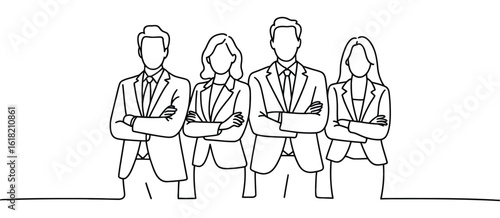 continuous single line drawing of four business professionals standing side by side with arms crossed, representing unity, confidence, and teamwork