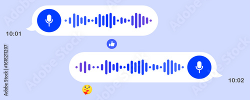 Voice chat icon. Audio messages in messenger, play button, waveform, chat bubbles, emoji reaction, like symbol, night interface, mobile screen, digital dialog, sound communication.