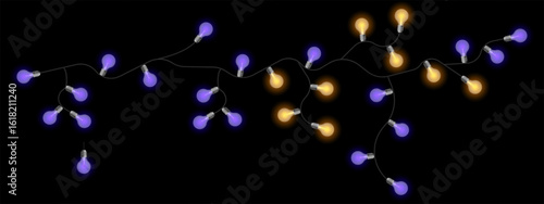 Party lights set icon. Twisted electric string with glowing bulbs in soft yellow and blue tones. Used for celebration decor, events, and cozy mood visuals.
