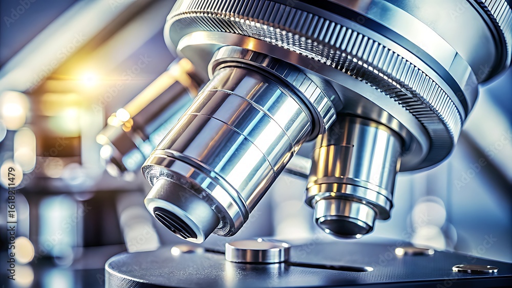 Fototapeta premium Close up of a modern microscope used in a science laboratory
