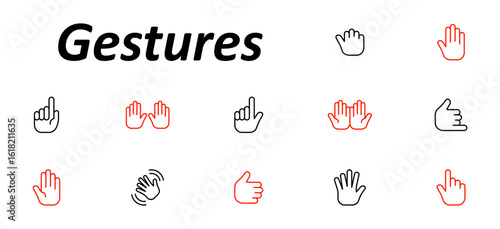 Gestures set icon. Raised fingers, open hands, thumbs, waves, index points, palm displays, and communication hand signs in minimal outline showing various expressive motions.