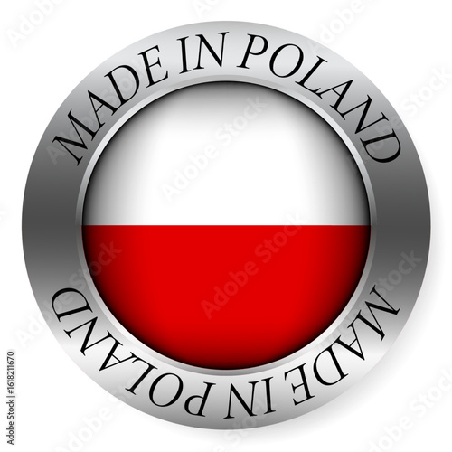 Made in Poland button icon. Circular emblem with metallic border, glossy central flag, and bilingual label indicating product origin and international manufacturing identity.
