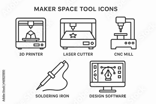 Maker Space Tools Icons Set. DIY, Fabrication and Creative Workshop Vector Collection