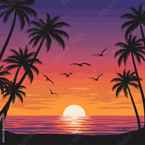 Vibrant Tropical Sunset Beach with Silhouetted Palm Trees and Ocean Reflection